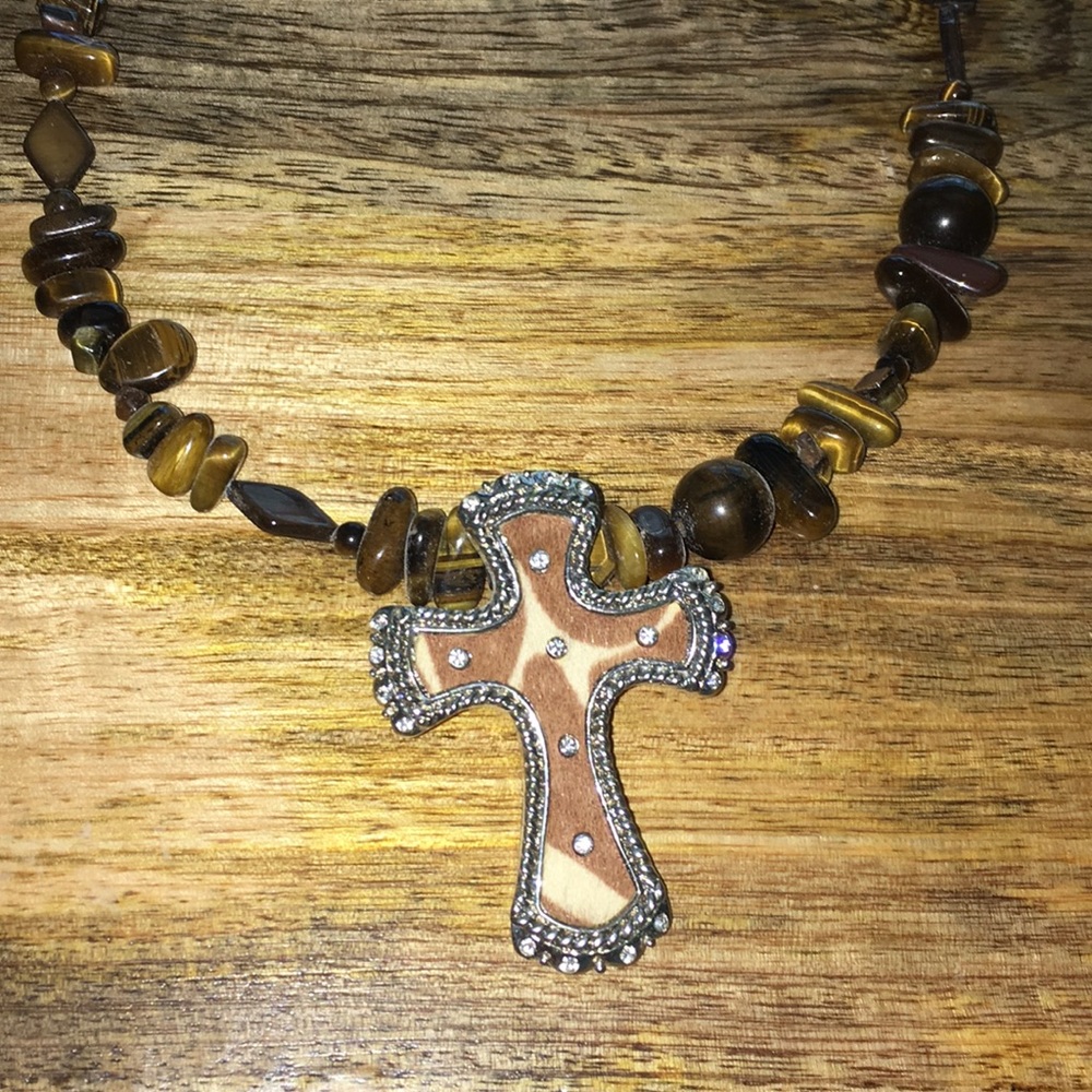 Unique cowhide cross necklace!